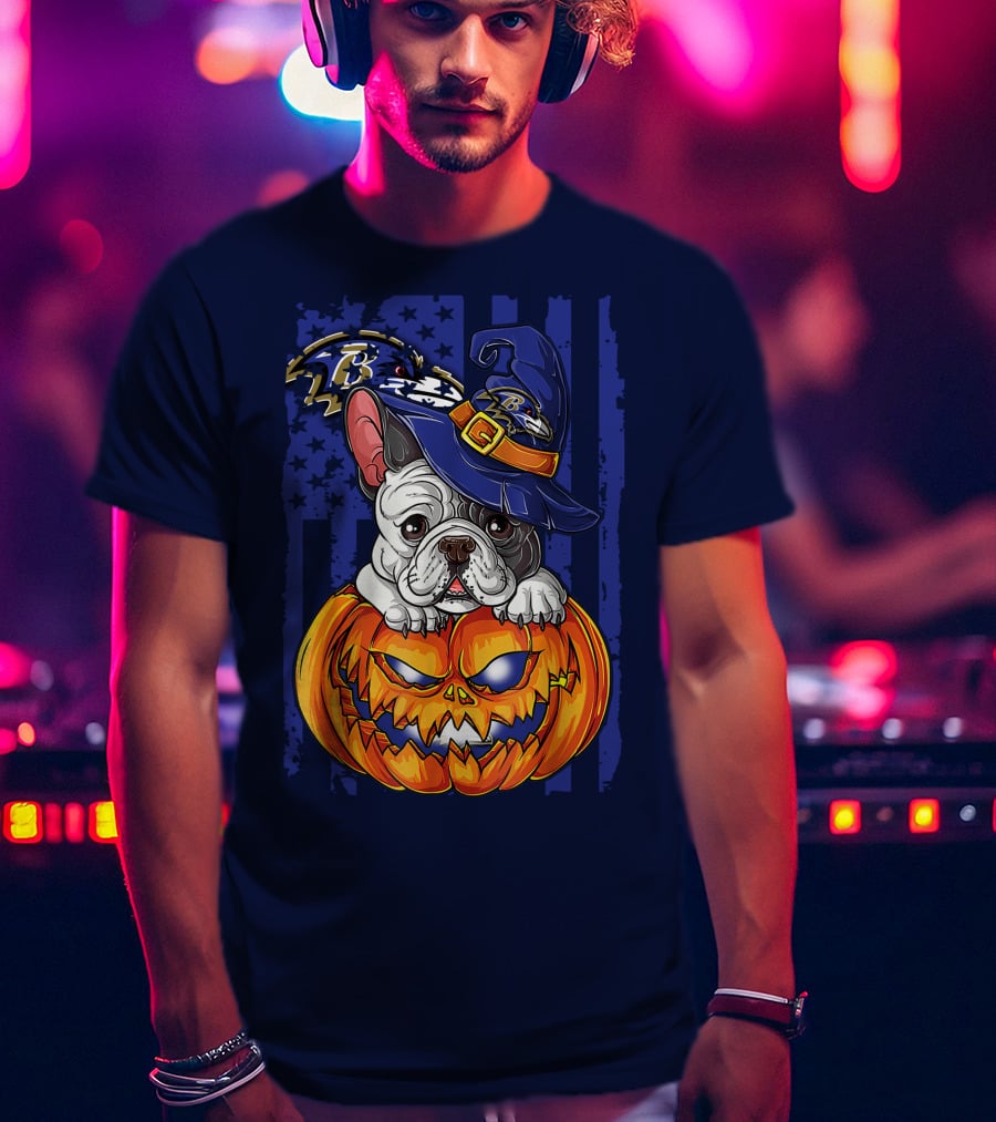 Bulldog In Wizard Hat On Jack-o'-Lantern With Baltimore Ravens T-Shirt