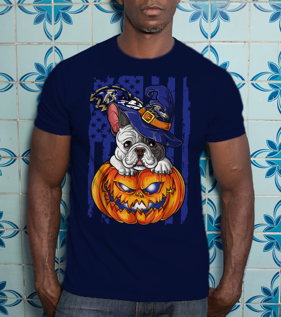 Bulldog In Wizard Hat On Jack-o'-Lantern With Baltimore Ravens T-Shirt