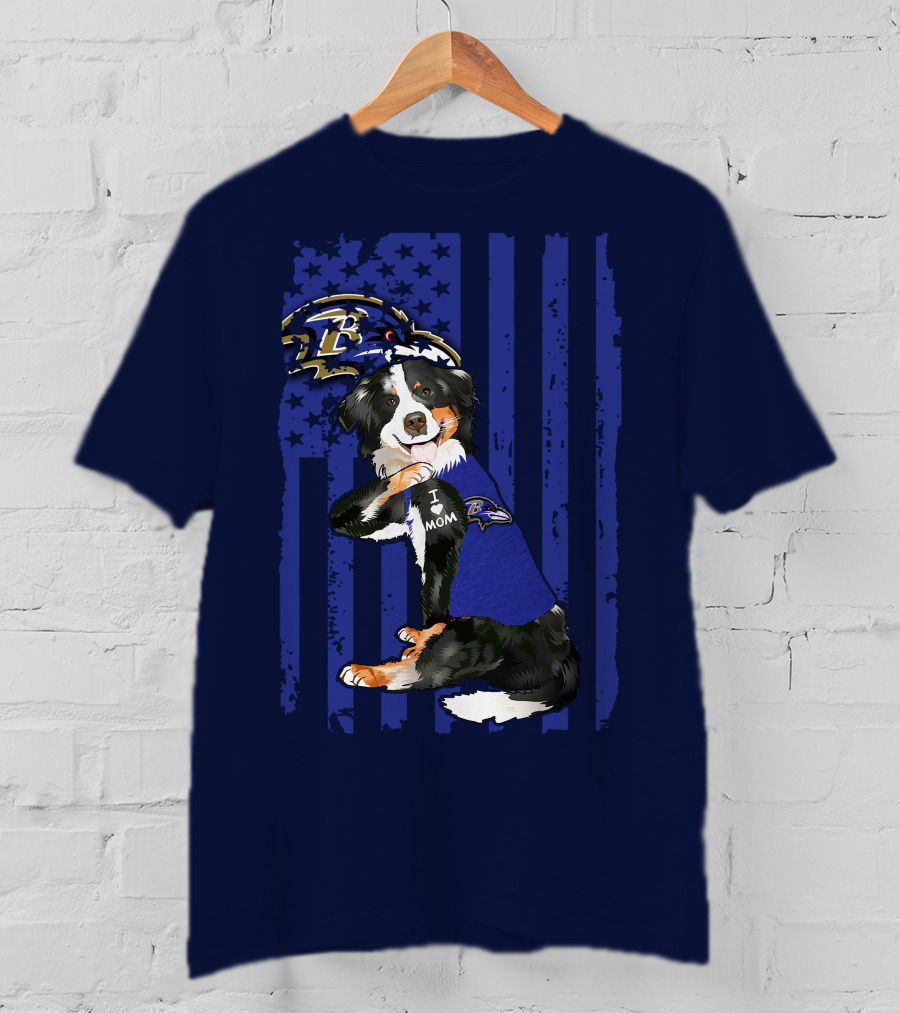 Border Collie Wearing Baltimore Ravens Gear With I Love Mom Tattoo T-Shirt