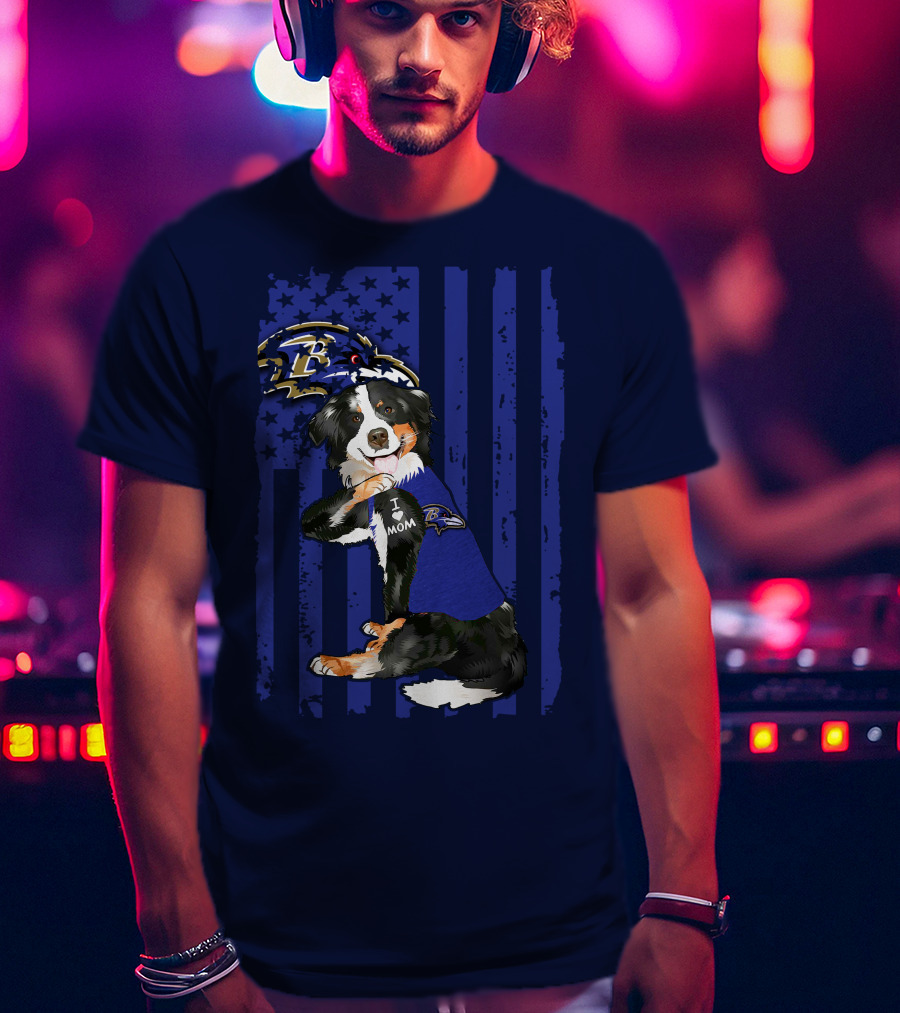 Border Collie Wearing Baltimore Ravens Gear With I Love Mom Tattoo T-Shirt