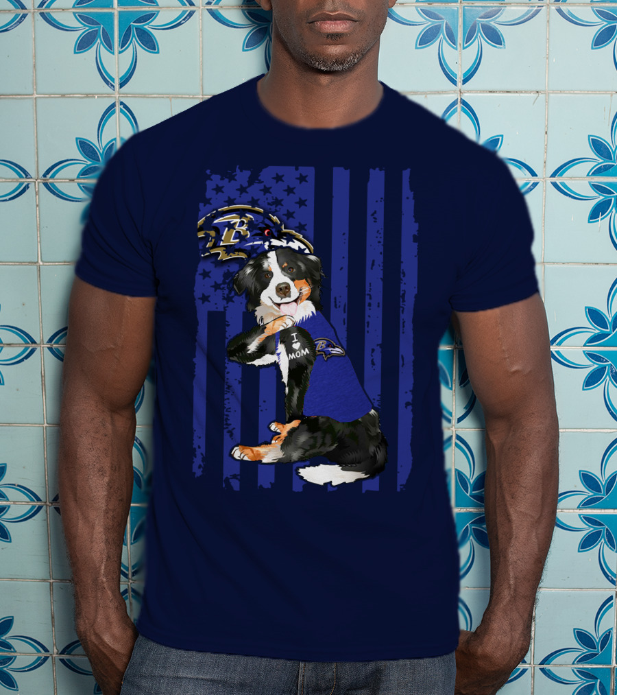 Border Collie Wearing Baltimore Ravens Gear With I Love Mom Tattoo T-Shirt