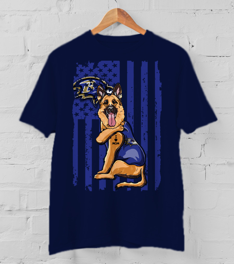 German Shepherd Illustrated With Baltimore Ravens NFL Symbol And I Love Mom Tattoo T-Shirt