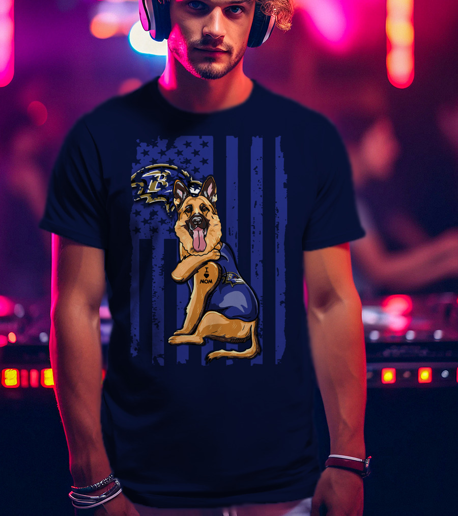 German Shepherd Illustrated With Baltimore Ravens NFL Symbol And I Love Mom Tattoo T-Shirt