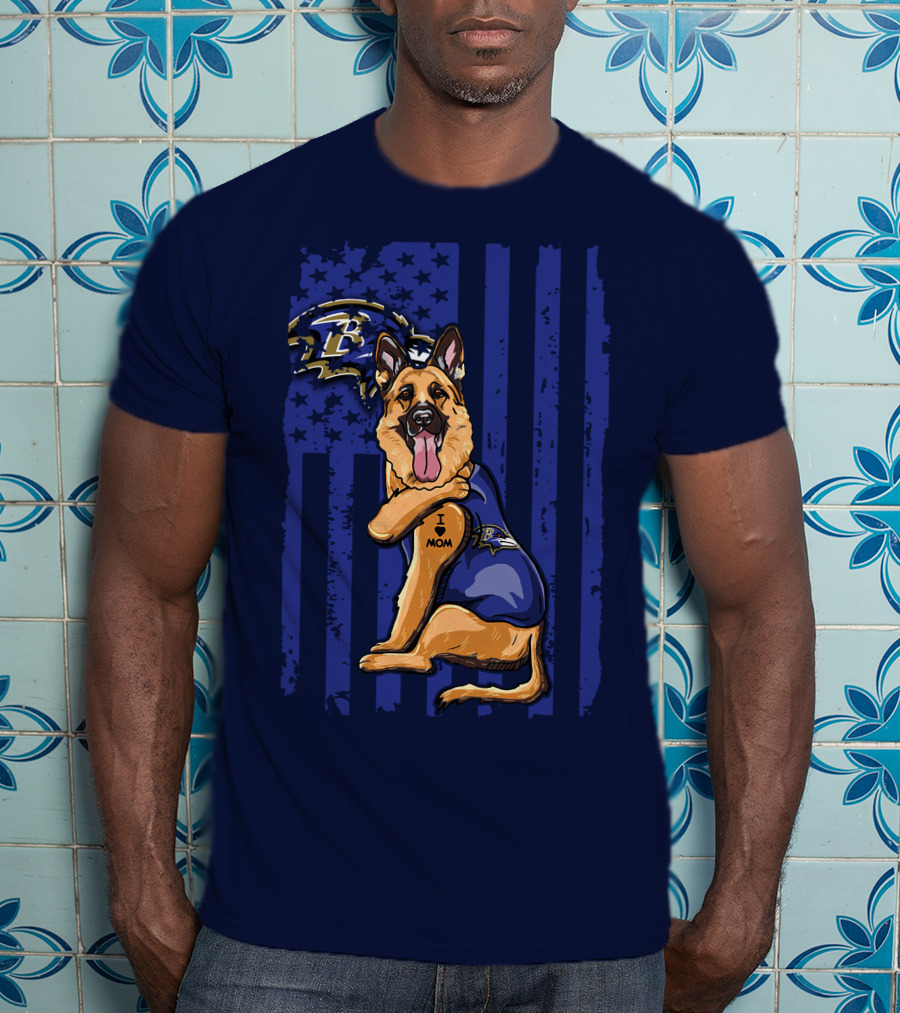 German Shepherd Illustrated With Baltimore Ravens NFL Symbol And I Love Mom Tattoo T-Shirt