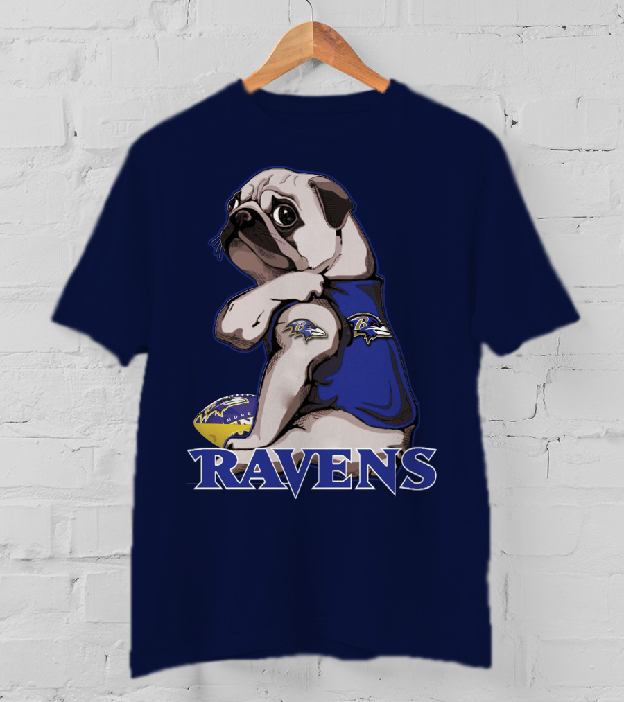 Pug Wearing Baltimore Ravens Football Jersey With Ravens Logo And Football T-Shirt