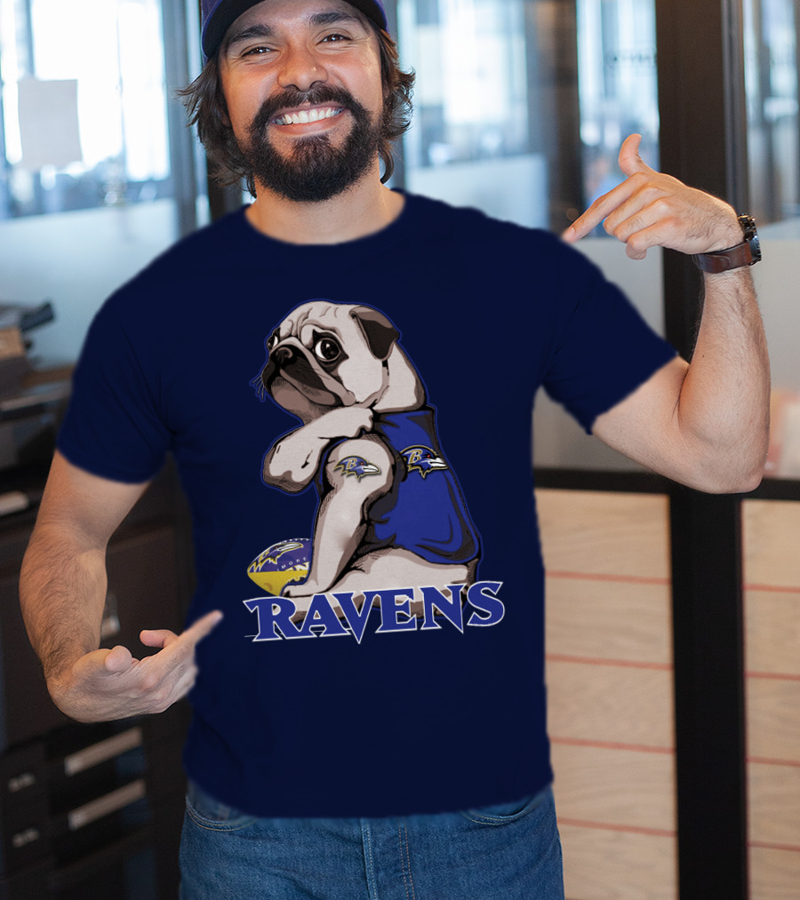 Pug Wearing Baltimore Ravens Football Jersey With Ravens Logo And Football T-Shirt