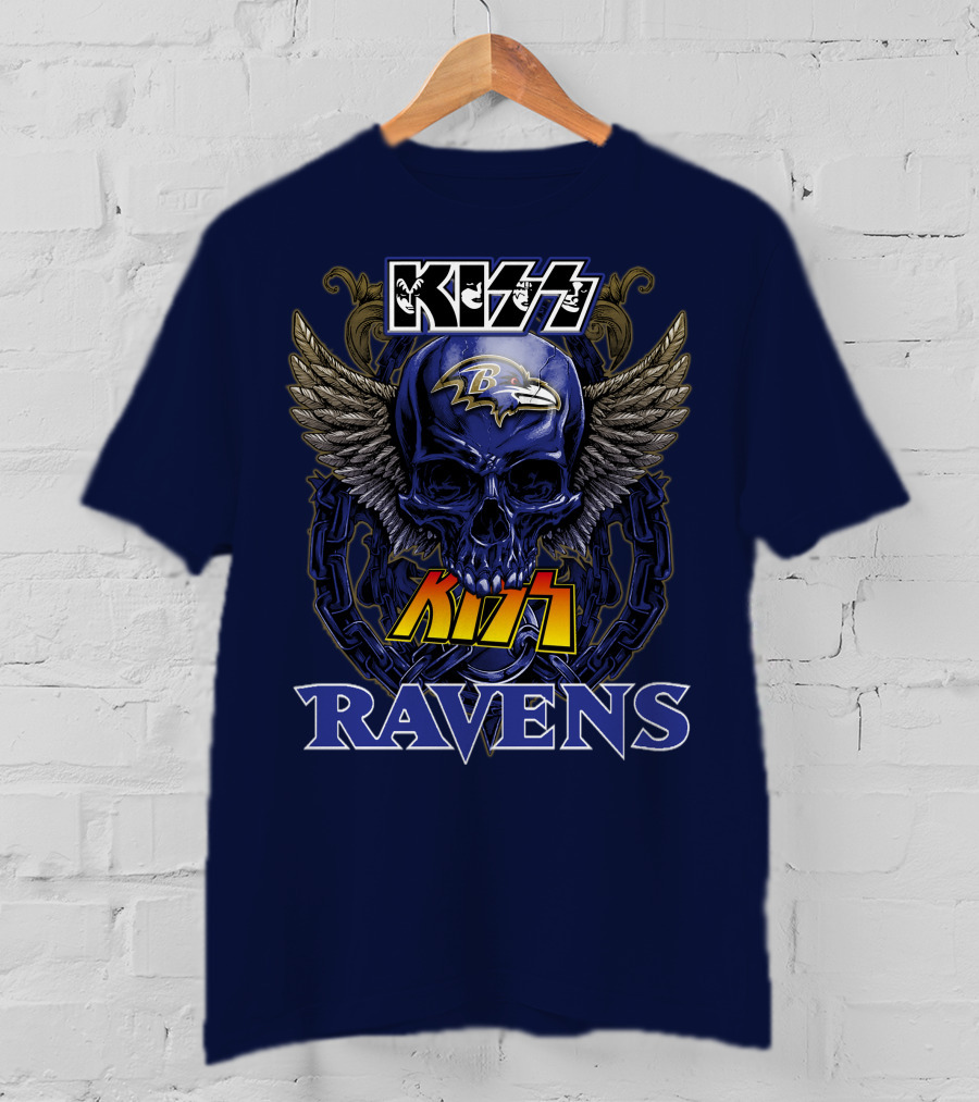 Kiss Ravens Baltimore Football Skull Wings T-Shirt