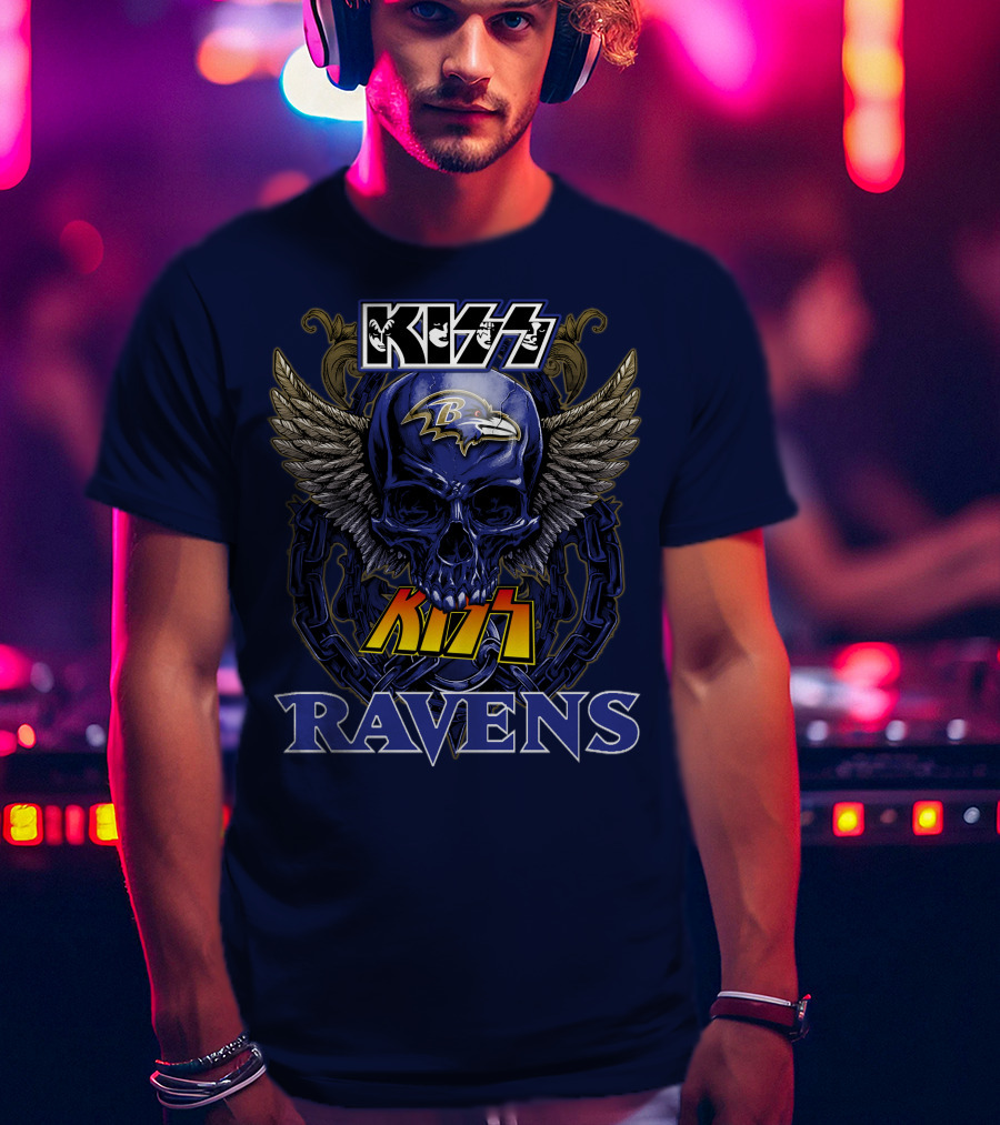 Kiss Ravens Baltimore Football Skull Wings T-Shirt