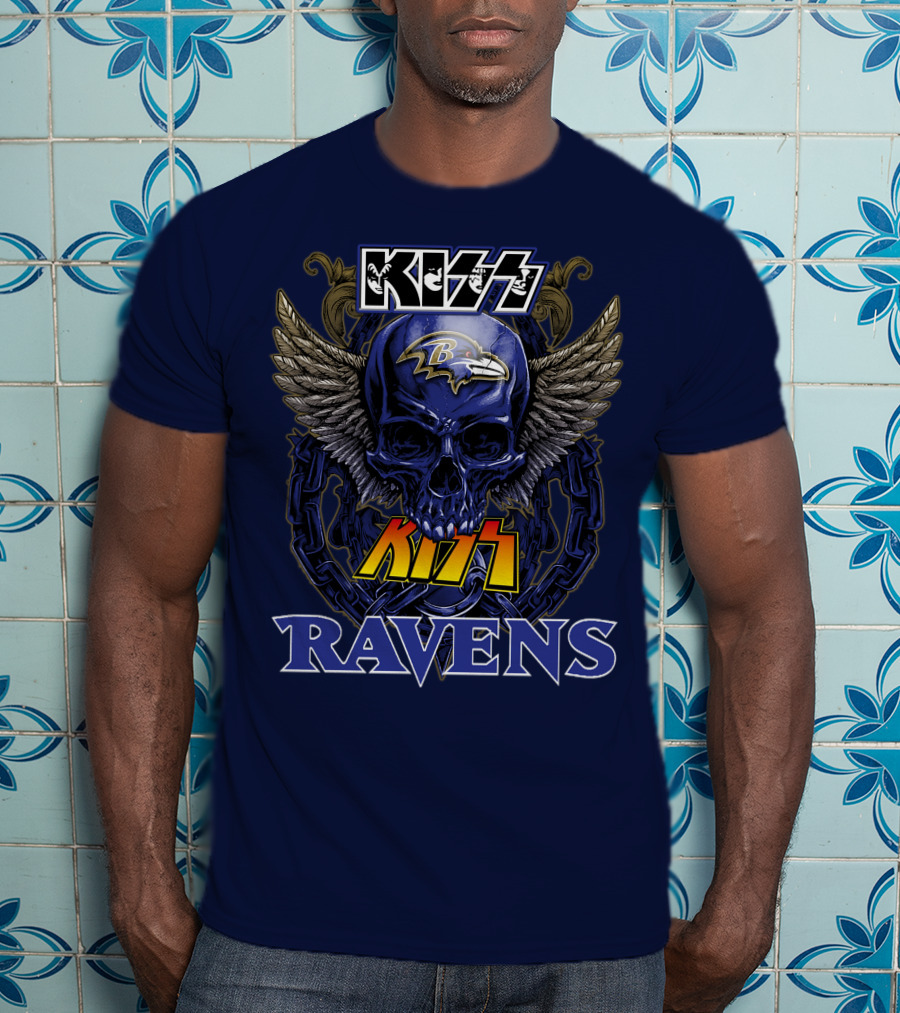 Kiss Ravens Baltimore Football Skull Wings T-Shirt
