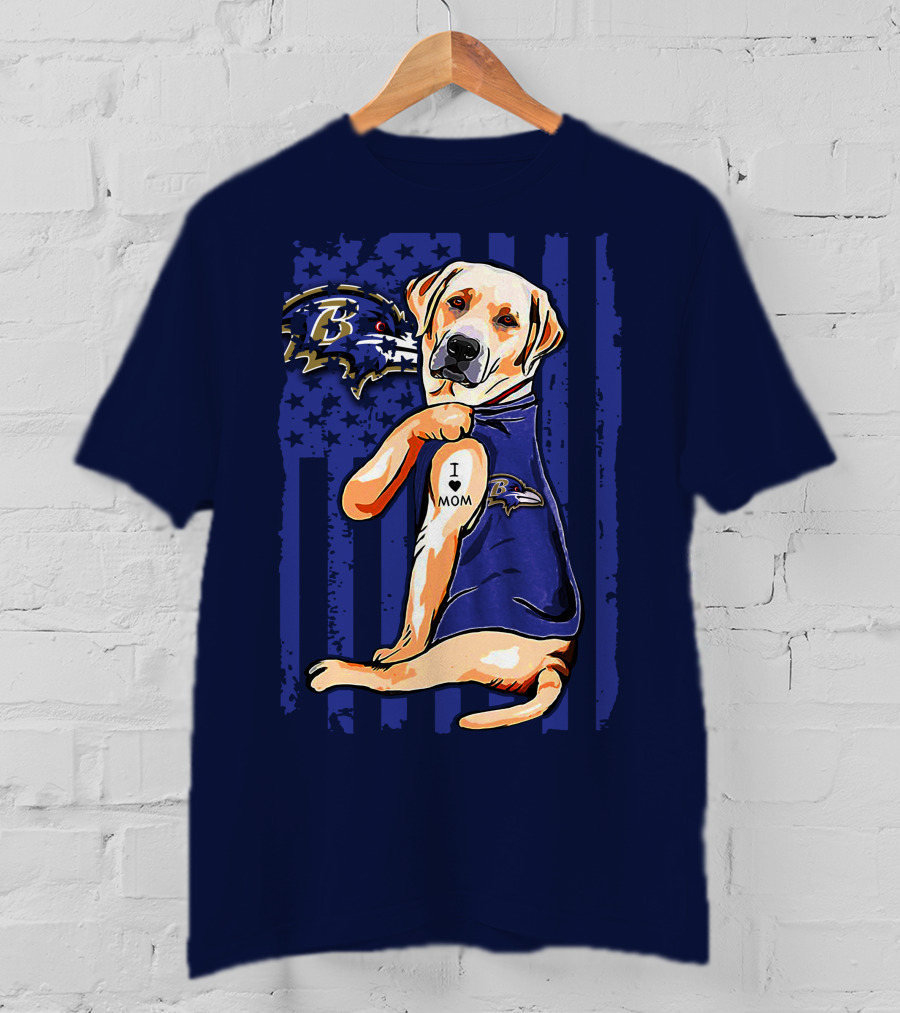 Labrador Retriever I Love Mom Baltimore Ravens Fan Dog With Tattoo And Team T-Shirt