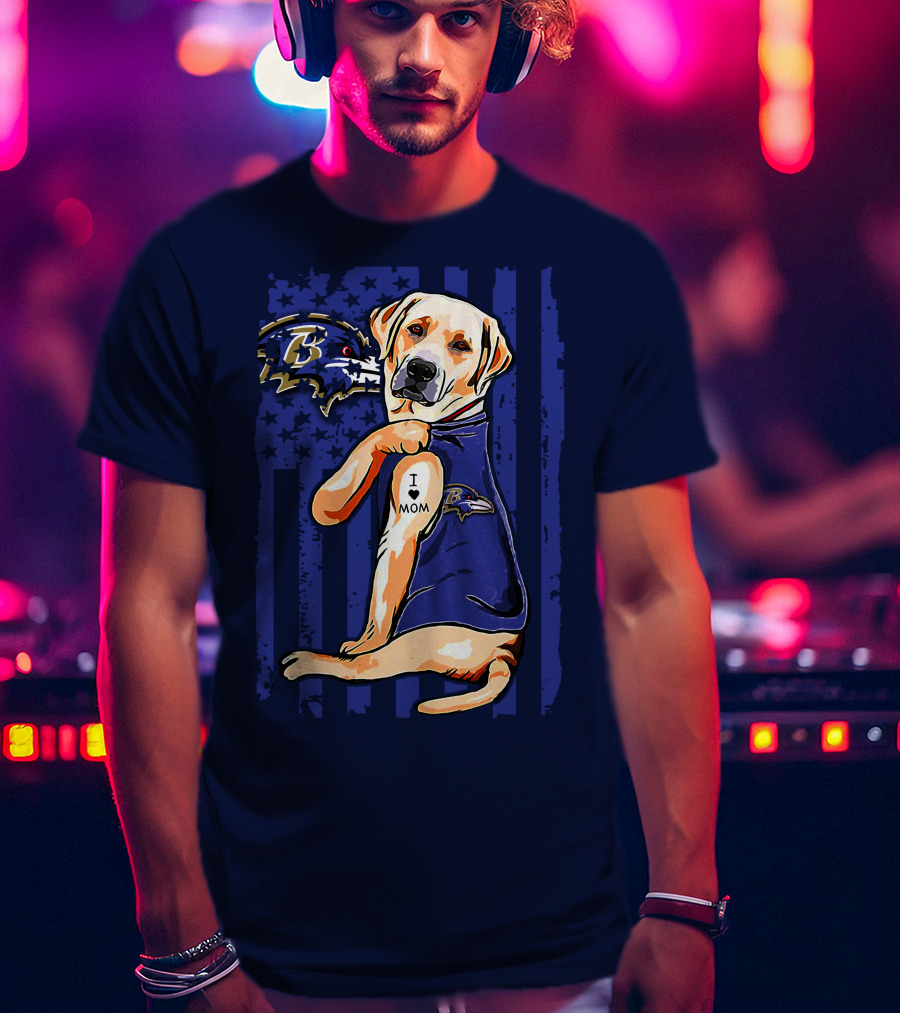 Labrador Retriever I Love Mom Baltimore Ravens Fan Dog With Tattoo And Team T-Shirt