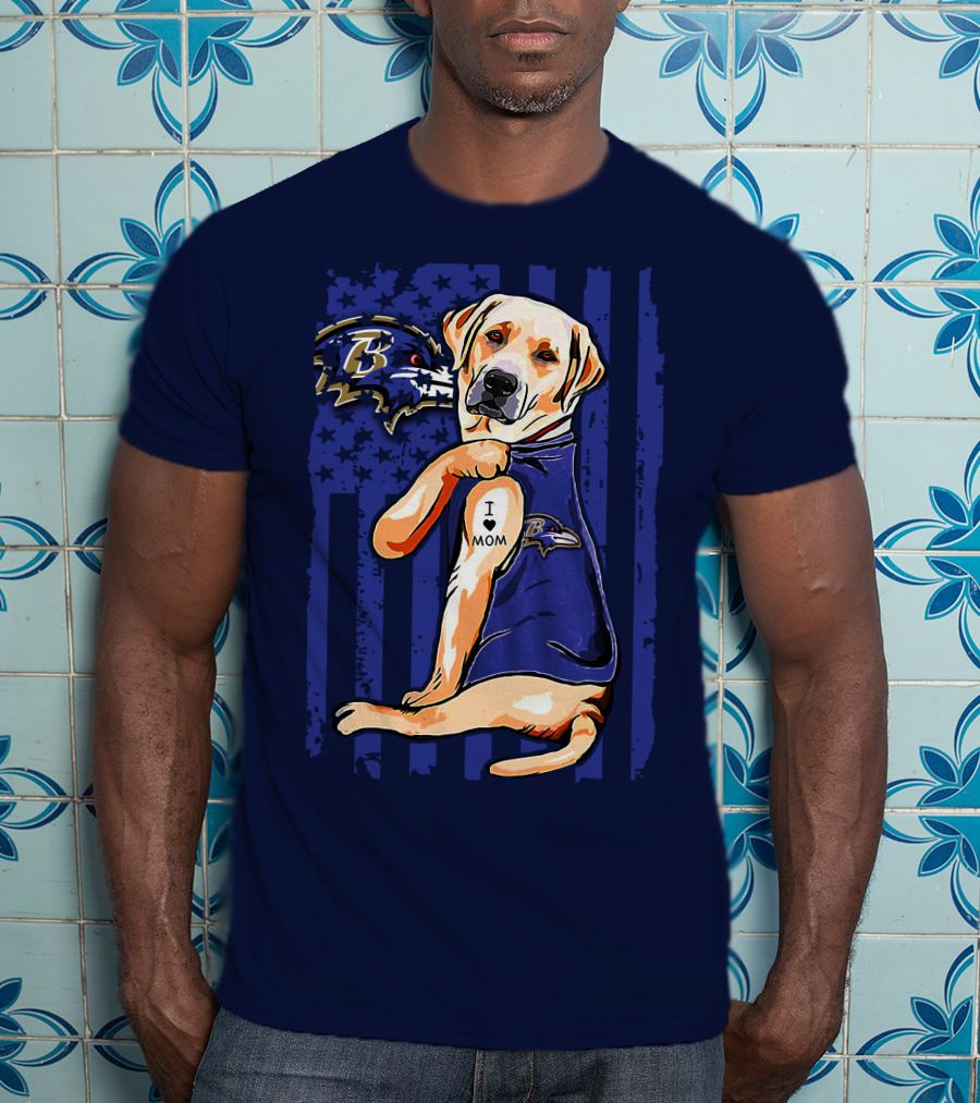 Labrador Retriever I Love Mom Baltimore Ravens Fan Dog With Tattoo And Team T-Shirt