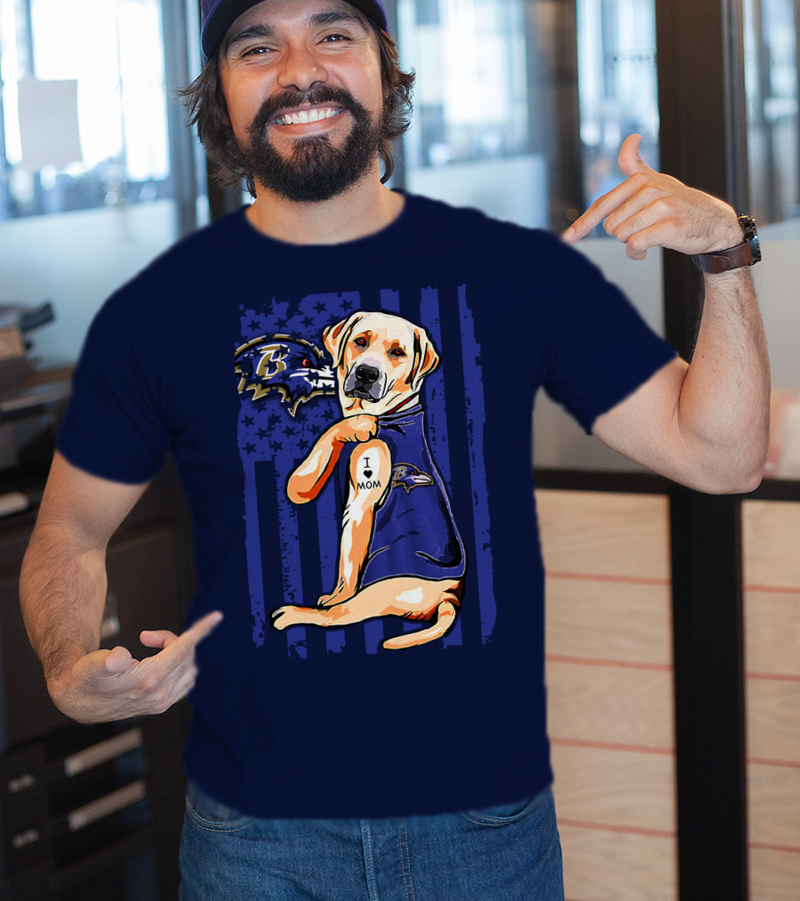 Labrador Retriever I Love Mom Baltimore Ravens Fan Dog With Tattoo And Team T-Shirt