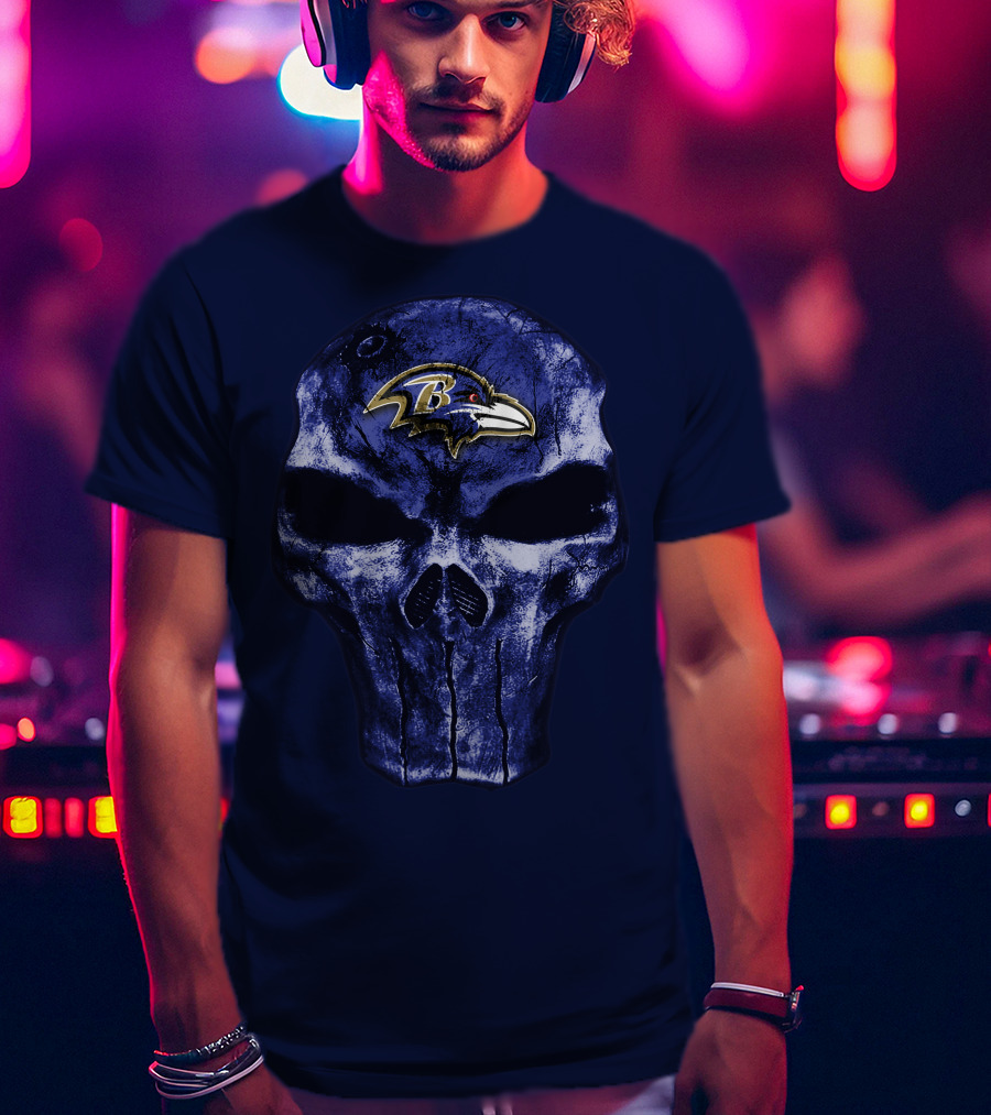Skull Baltimore Ravens Logo Blue Skull T-Shirt