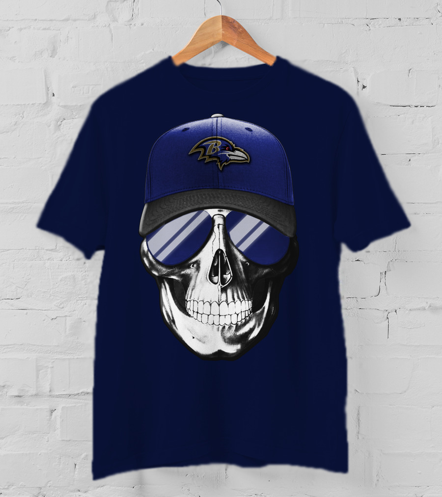 Skull With Baltimore Ravens Cap And Sunglasses T-Shirt