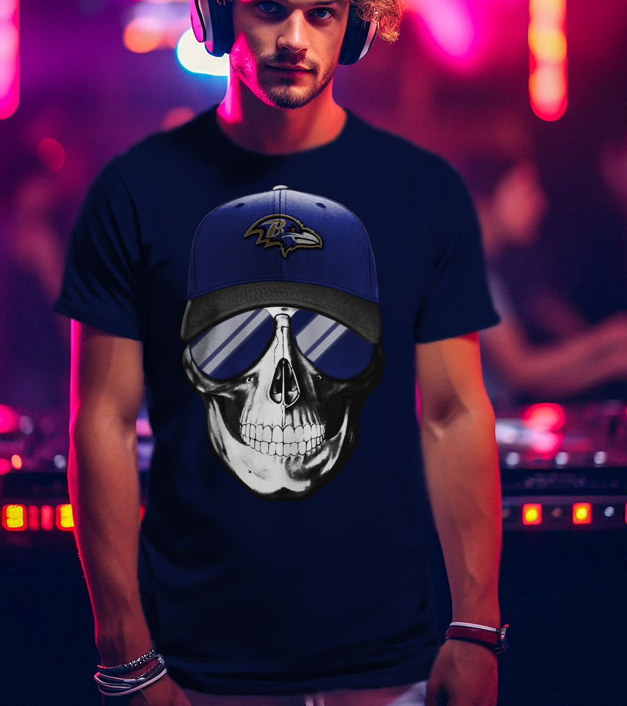 Skull With Baltimore Ravens Cap And Sunglasses T-Shirt
