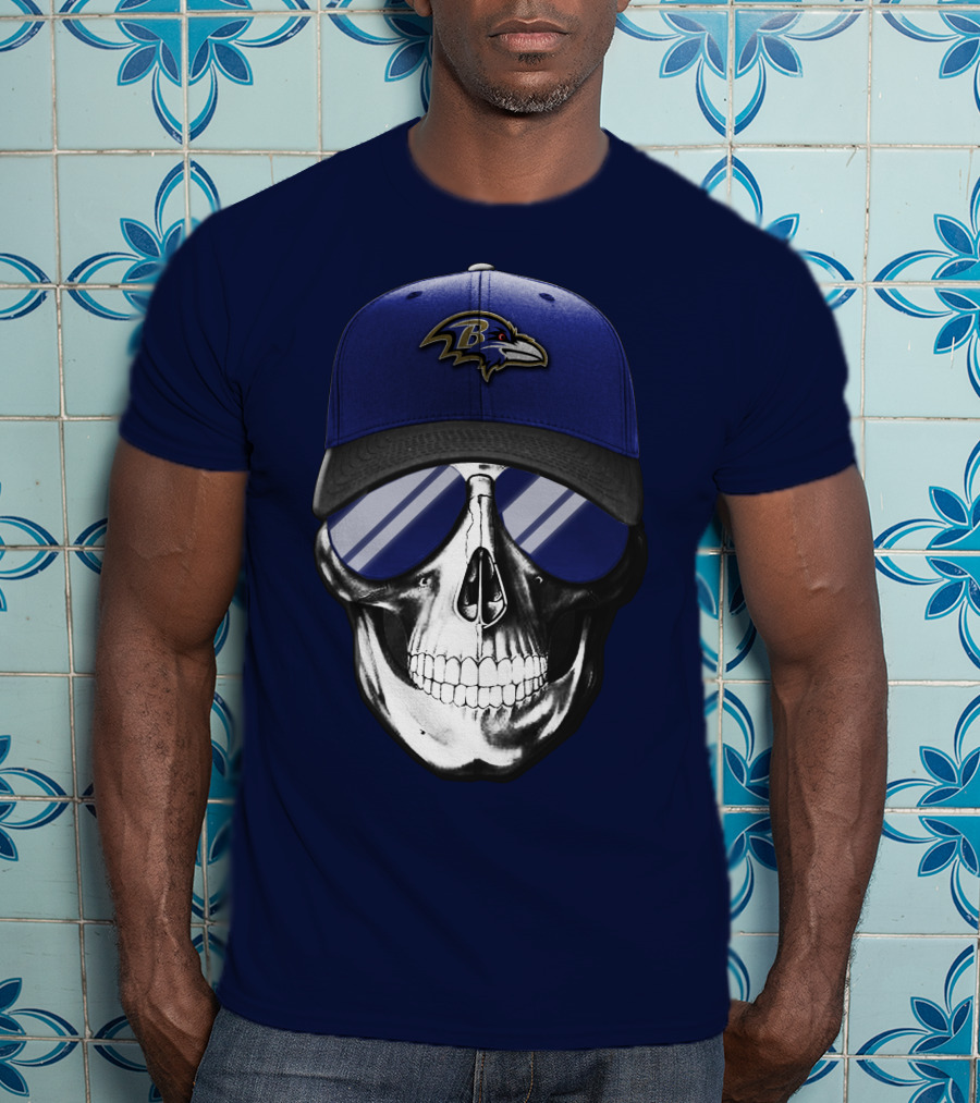 Skull With Baltimore Ravens Cap And Sunglasses T-Shirt