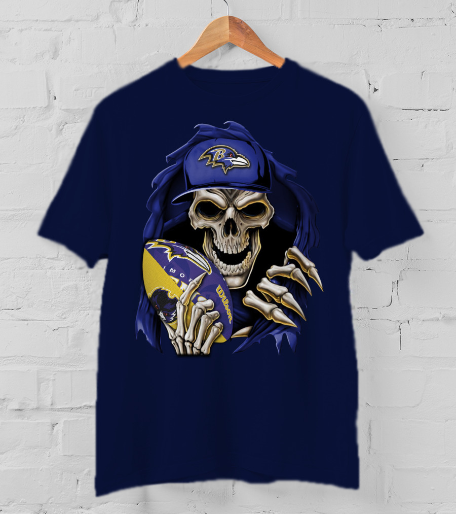 Skullbong Baltimore Ravens Skeleton With Football And Cap T-Shirt