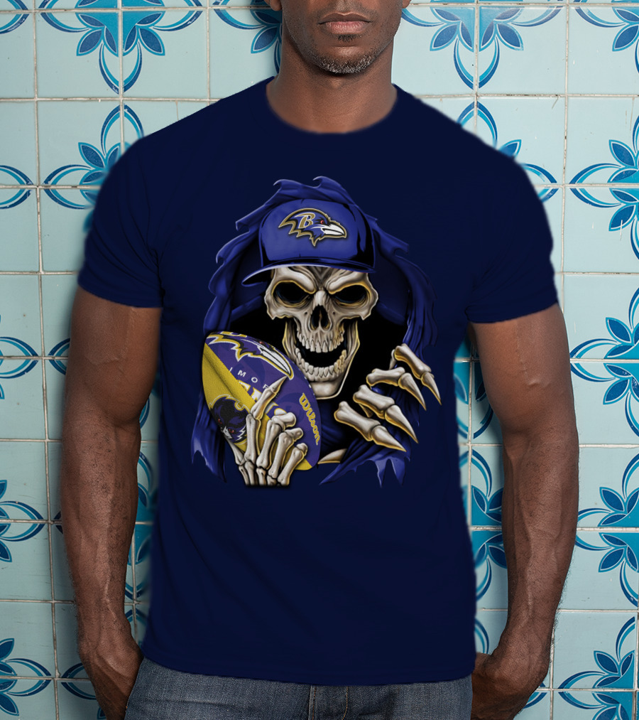 Skullbong Baltimore Ravens Skeleton With Football And Cap T-Shirt