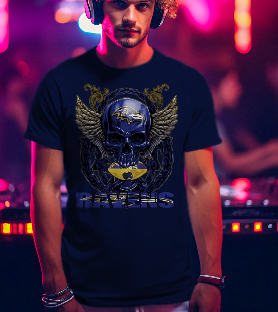 Baltimore Ravens Skull With Wings And Chain T-Shirt