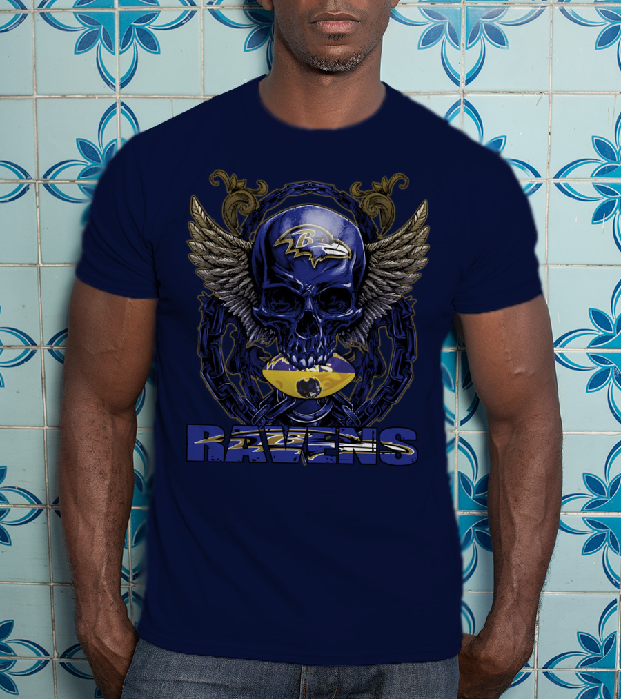Baltimore Ravens Skull With Wings And Chain T-Shirt