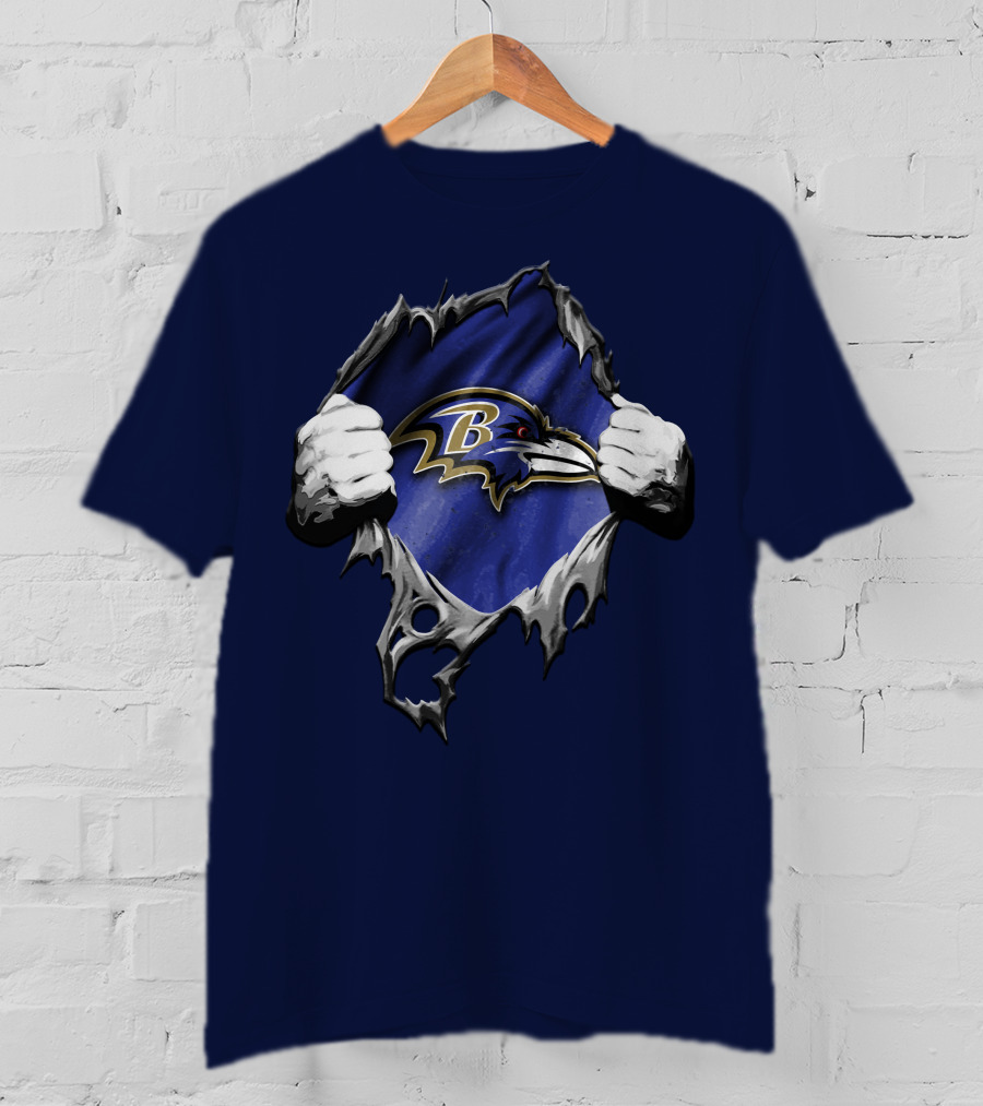 Torn V2 Baltimore Ravens Logo With Ripping Hands On Blue T-Shirt