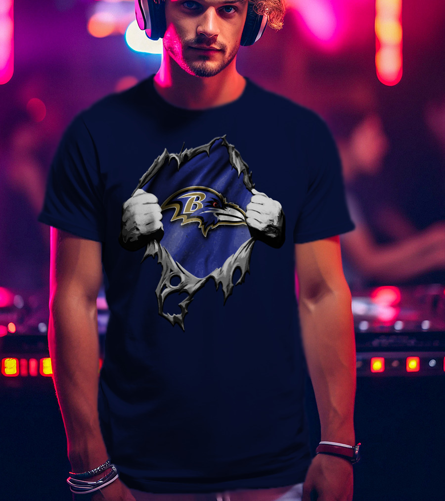 Torn V2 Baltimore Ravens Logo With Ripping Hands On Blue T-Shirt