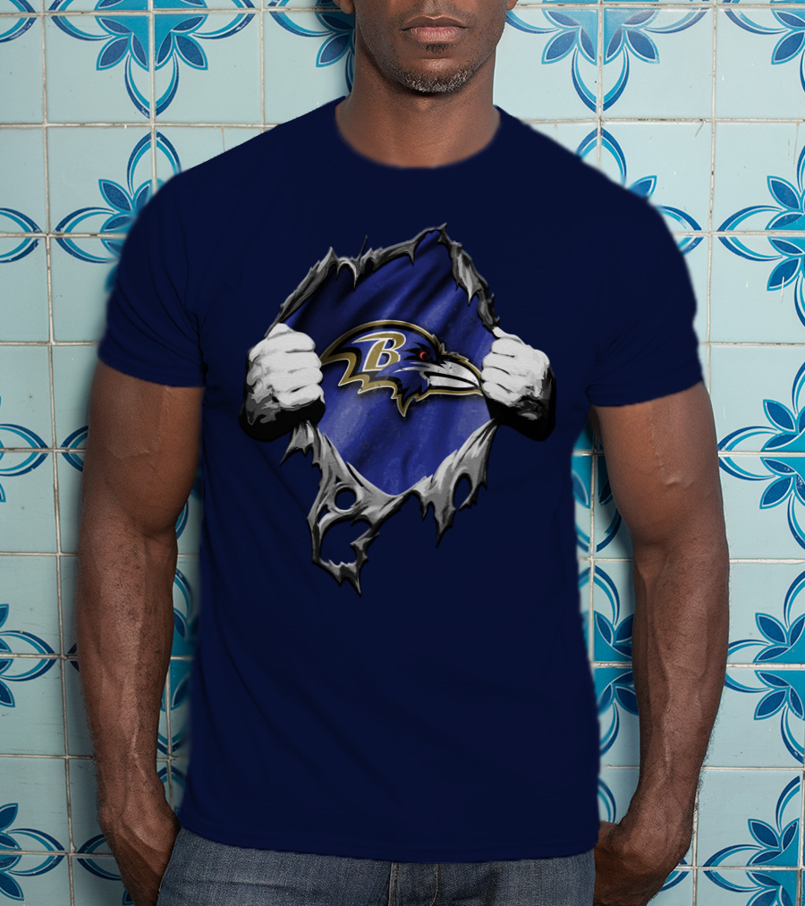 Torn V2 Baltimore Ravens Logo With Ripping Hands On Blue T-Shirt