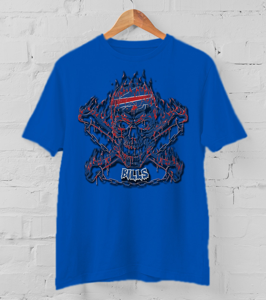 Buffalo Bills Flaming Skull Crossbones T-Shirt