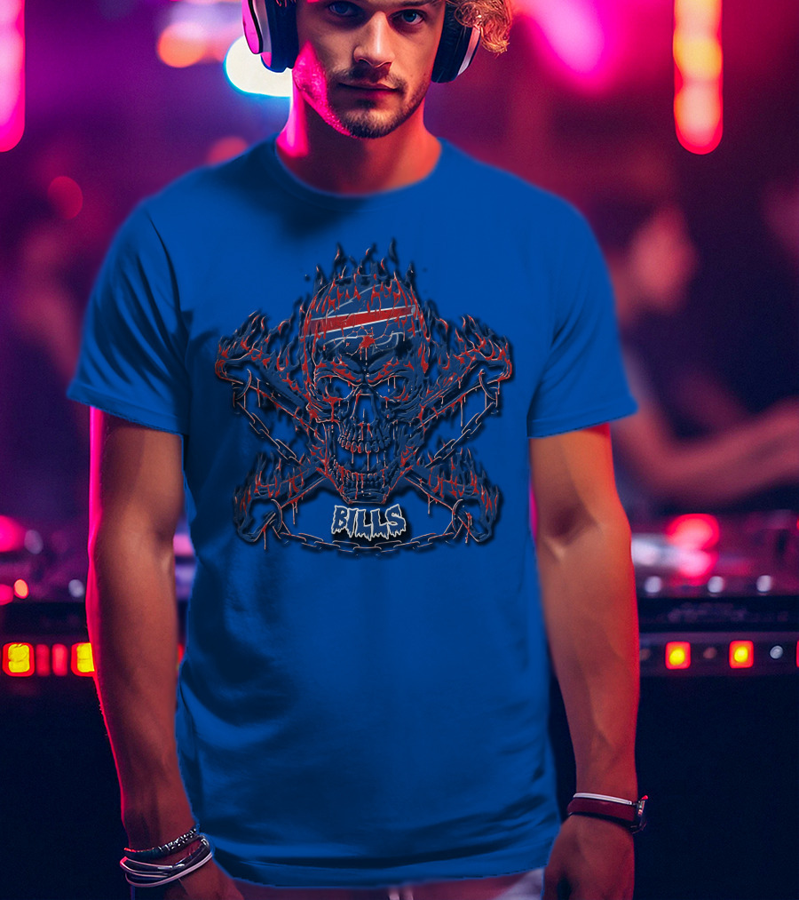 Buffalo Bills Flaming Skull Crossbones T-Shirt