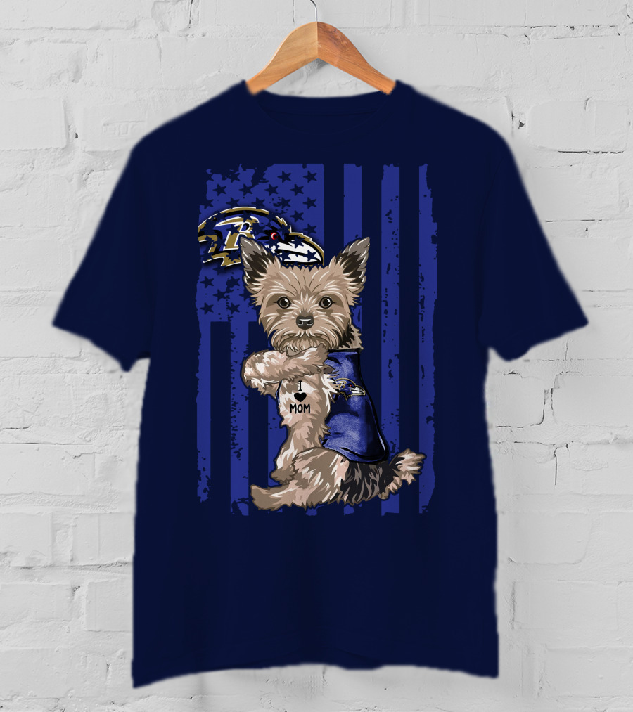 Yorkshire Terrier I Love Mom Baltimore Ravens Stars Stripes T-Shirt