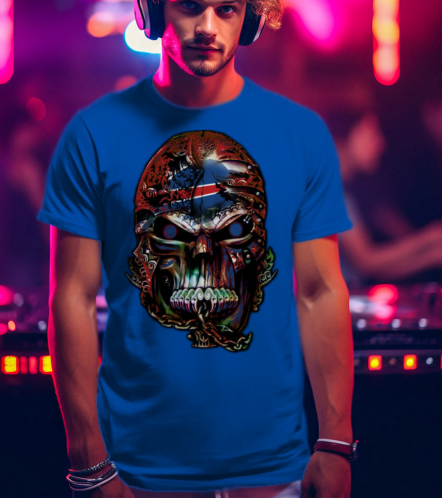 Buffalo Bills 53 Skull Art With American Flag And Tribal Elements T-Shirt