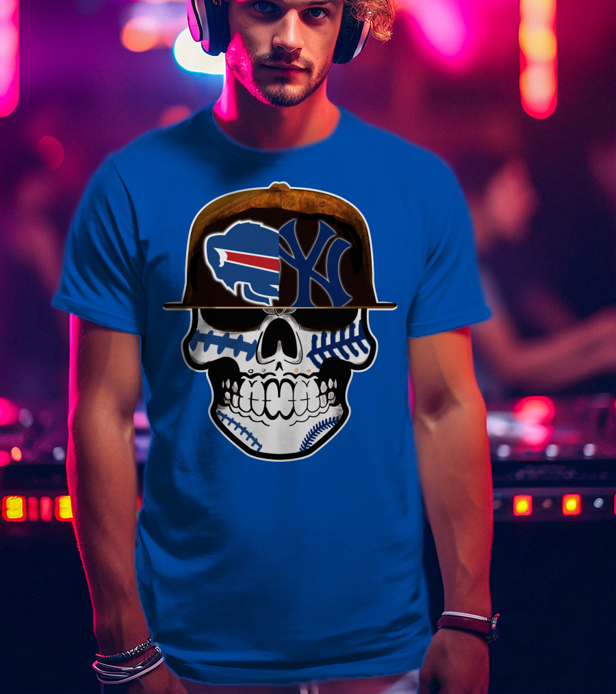 Buffalo Bills 75 Skull Design With Split Logo Yankees Cap T-Shirt