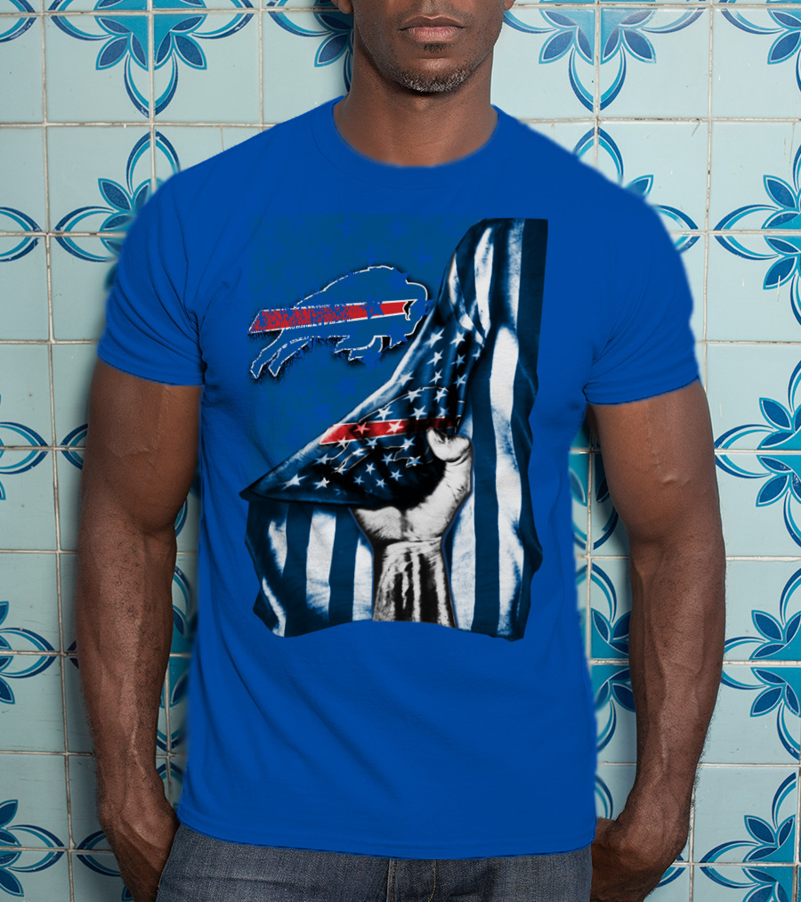 Buffalo Bills American Flag Blue Stripes Football Fan Fist T-Shirt