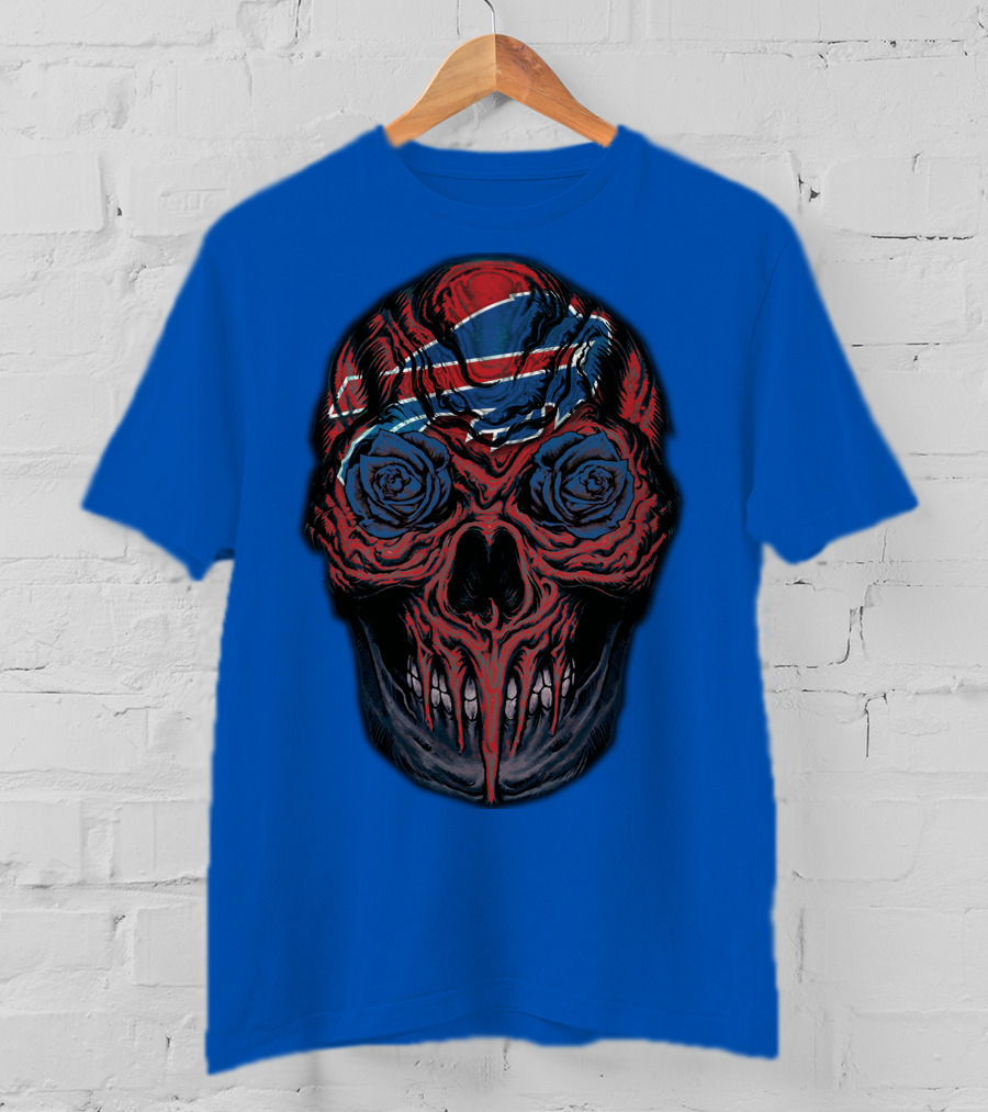 Buffalo Bills 34 Skull With Blue And Red Rose Eyes On Blue T-Shirt