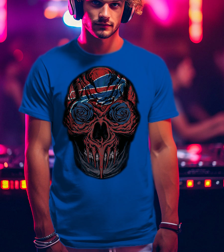 Buffalo Bills 34 Skull With Blue And Red Rose Eyes On Blue T-Shirt