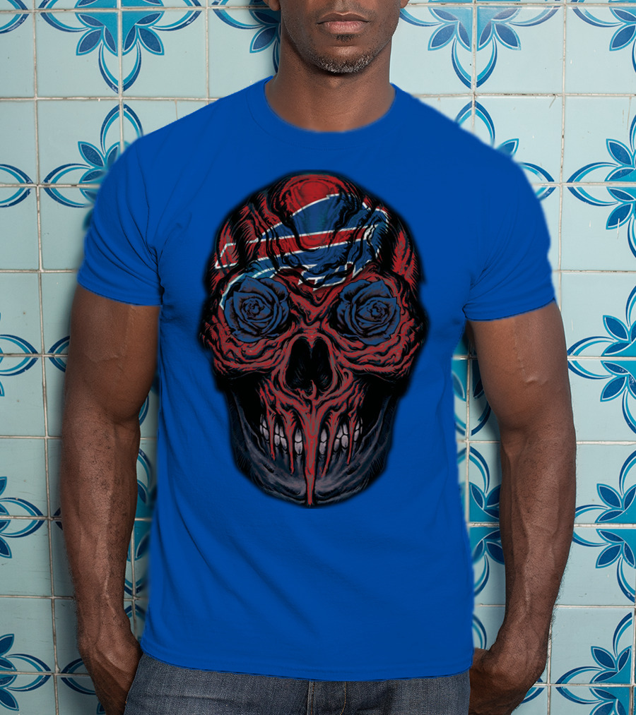 Buffalo Bills 34 Skull With Blue And Red Rose Eyes On Blue T-Shirt