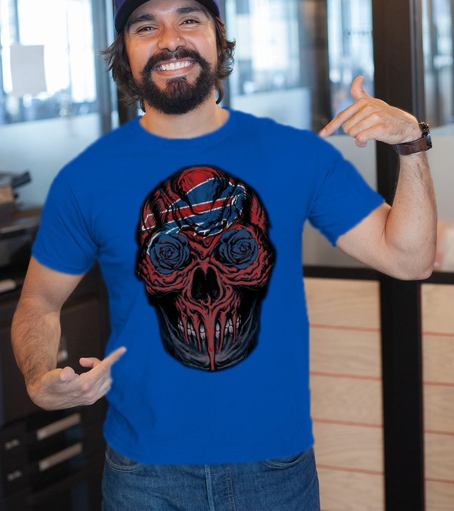 Buffalo Bills 34 Skull With Blue And Red Rose Eyes On Blue T-Shirt