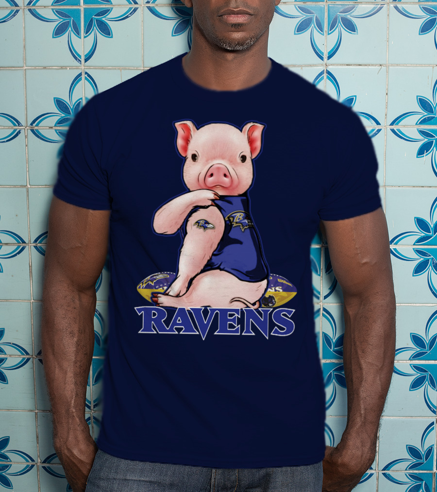Ravens Pig Mascot With Baltimore Ravens T-Shirt