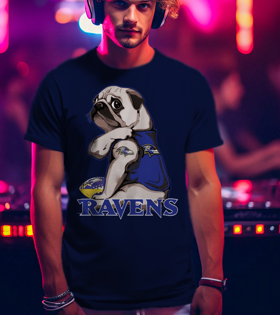 Pug Wearing Baltimore Ravens Gear With Logo And Football T-Shirt