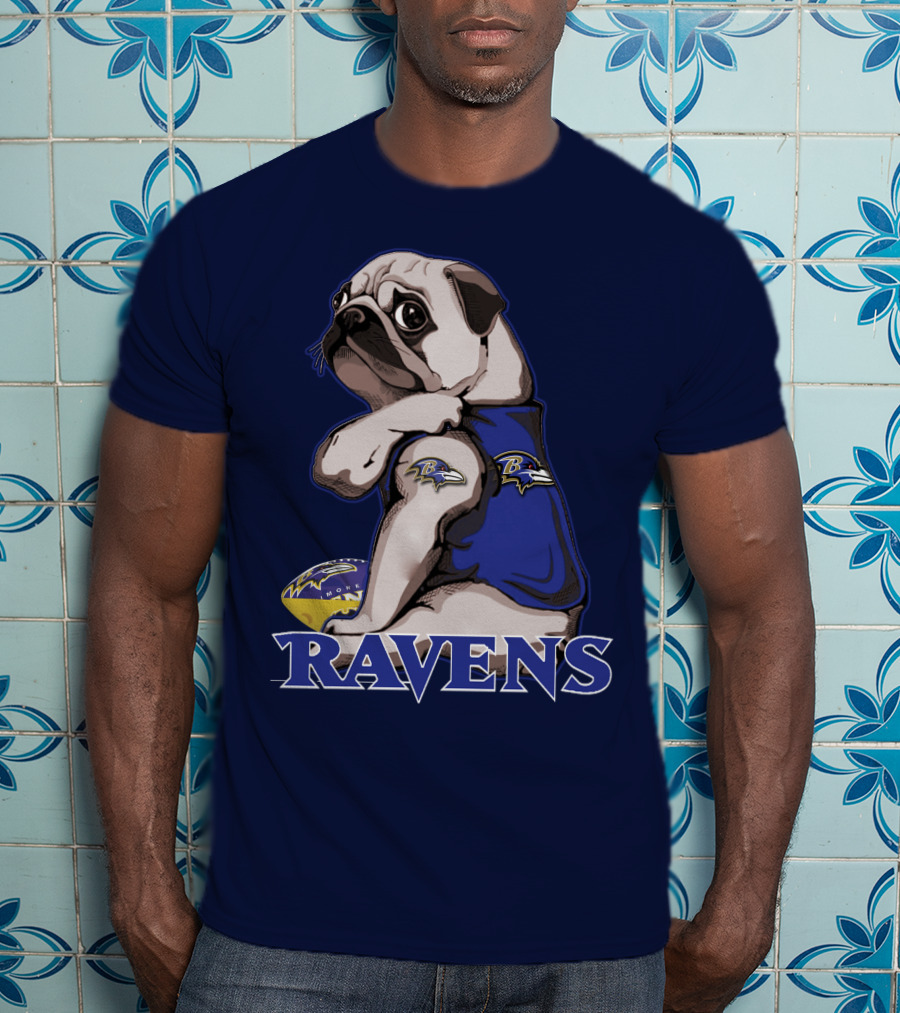 Pug Wearing Baltimore Ravens Gear With Logo And Football T-Shirt