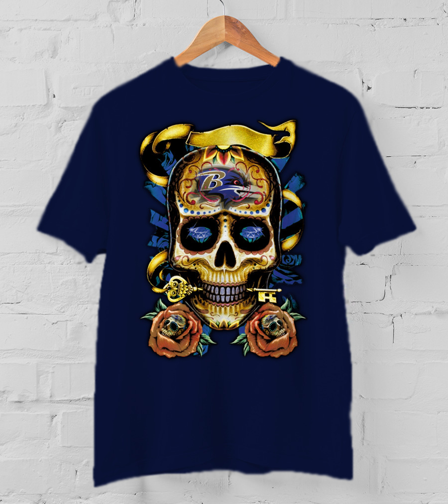 Baltimore Ravens Sugar Skull Art With Roses And Ribbon T-Shirt