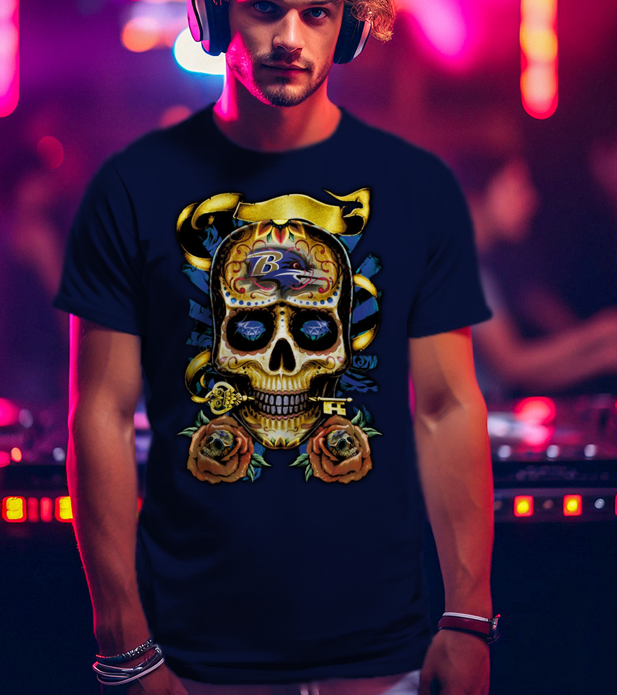 Baltimore Ravens Sugar Skull Art With Roses And Ribbon T-Shirt