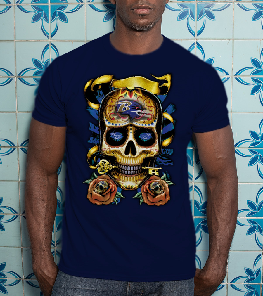 Baltimore Ravens Sugar Skull Art With Roses And Ribbon T-Shirt