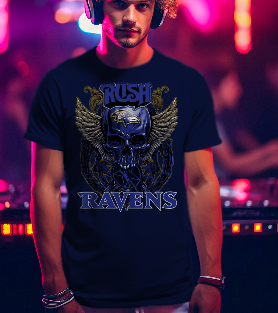 Rush Ravens Baltimore Football Skull Wings T-Shirt