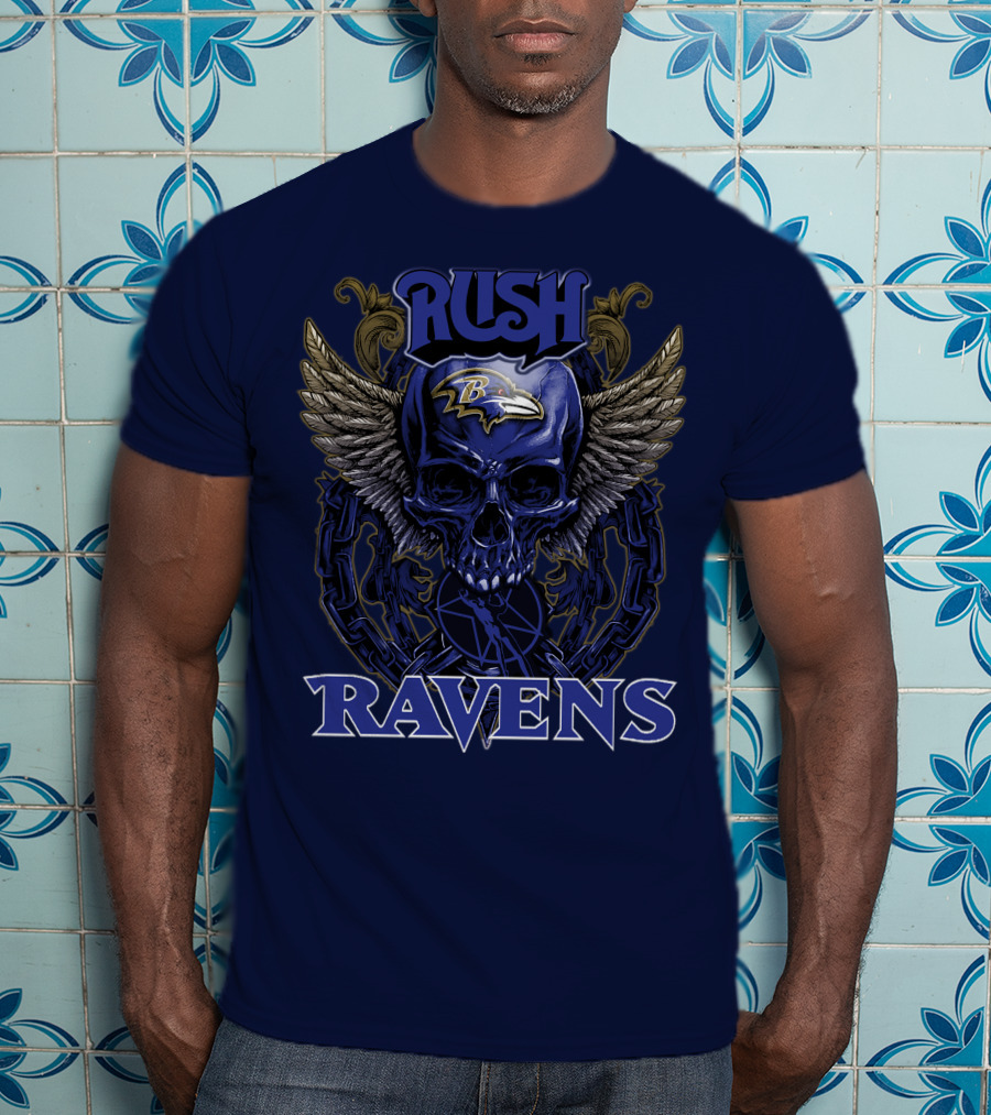Rush Ravens Baltimore Football Skull Wings T-Shirt
