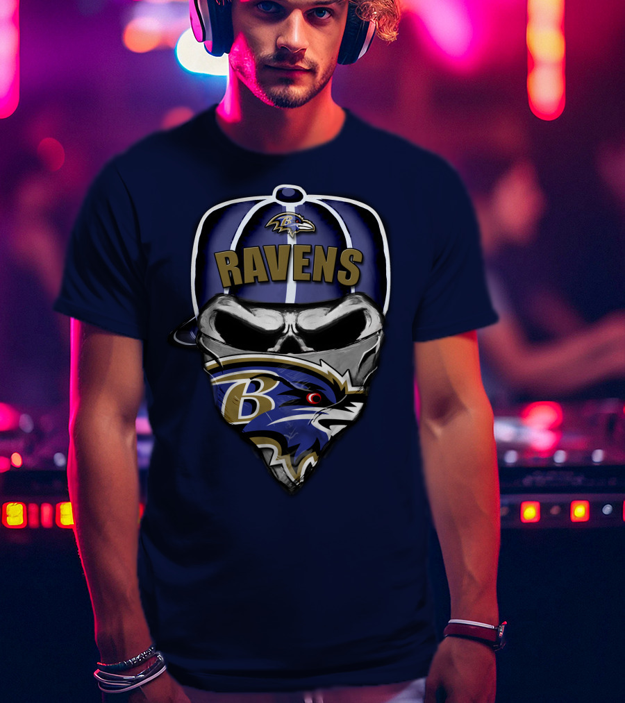 Baltimore Ravens Skull Bandana Hat T-Shirt