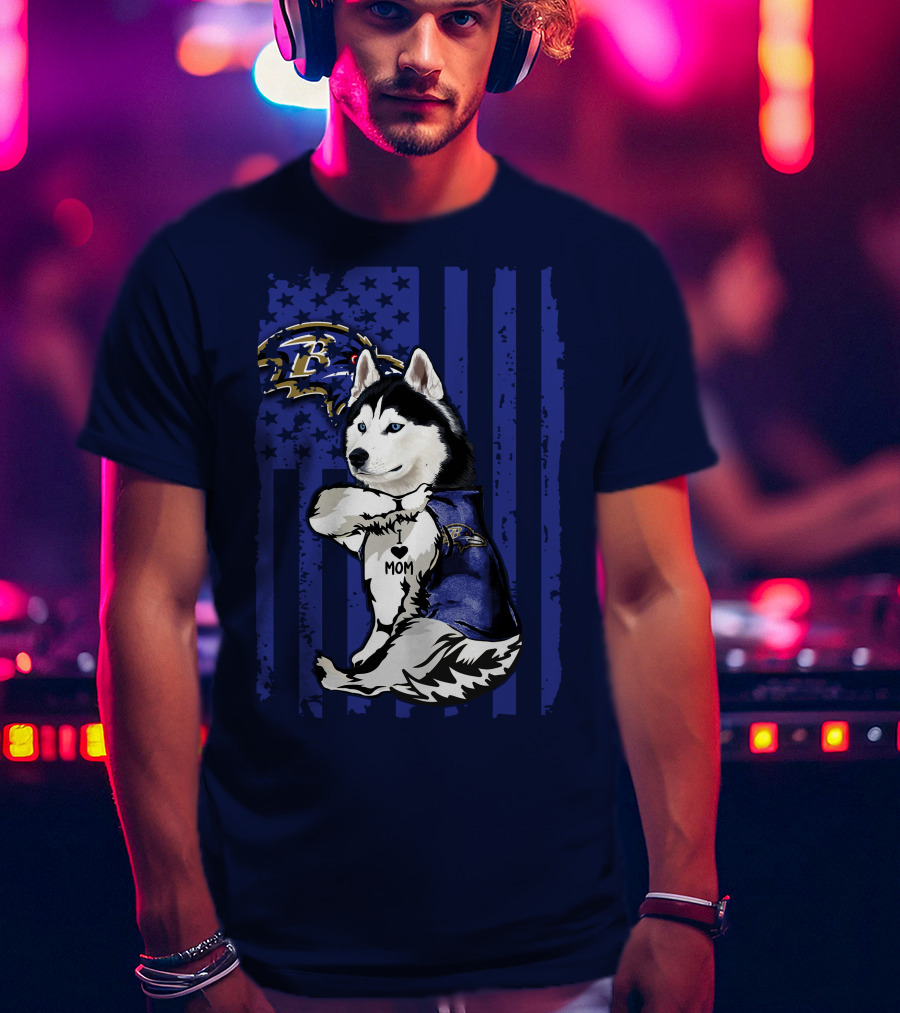 Siberian Husky Baltimore Ravens Mom Stars And Stripes T-Shirt