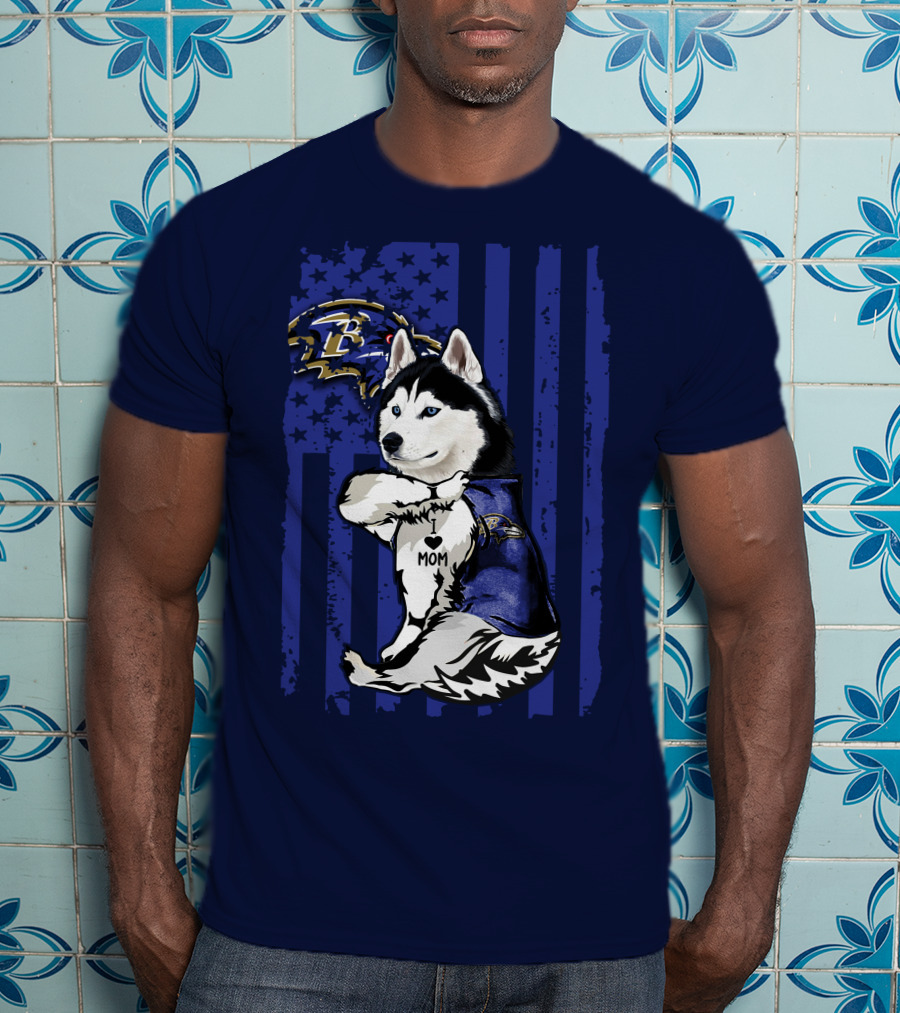 Siberian Husky Baltimore Ravens Mom Stars And Stripes T-Shirt