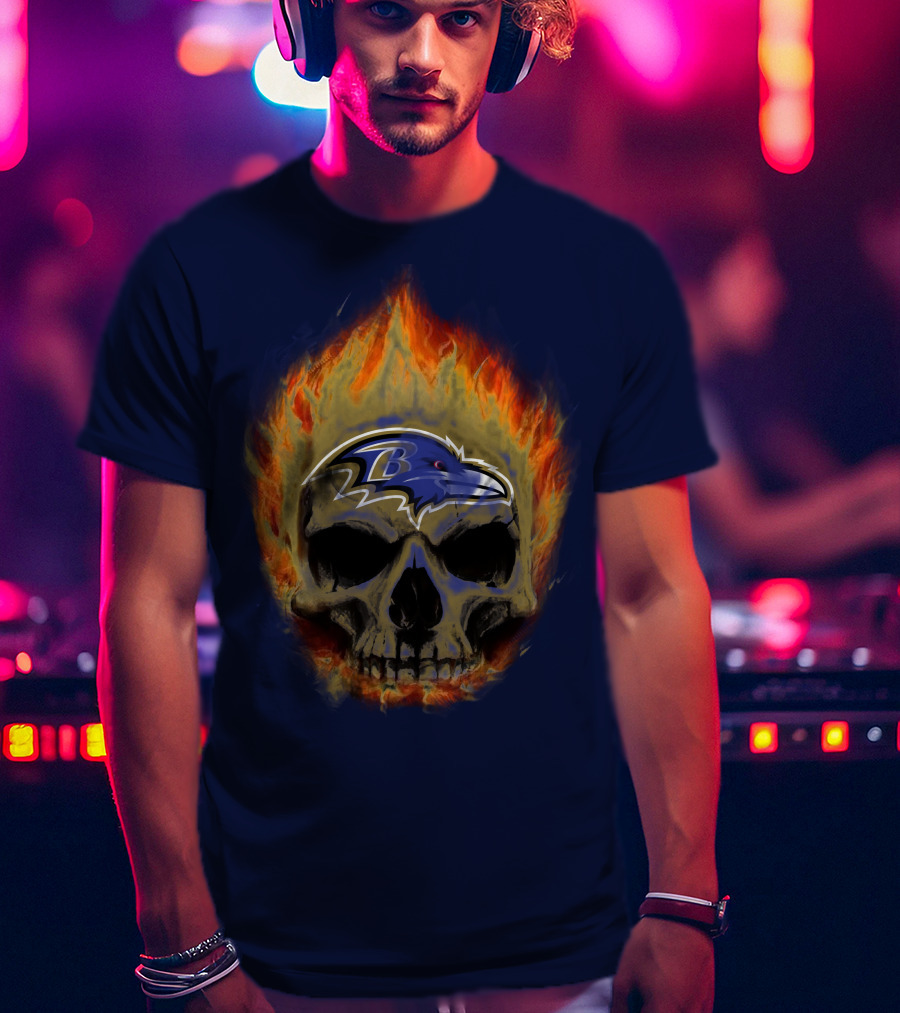 Baltimore Ravens Skull Flaming Logo Fire T-Shirt